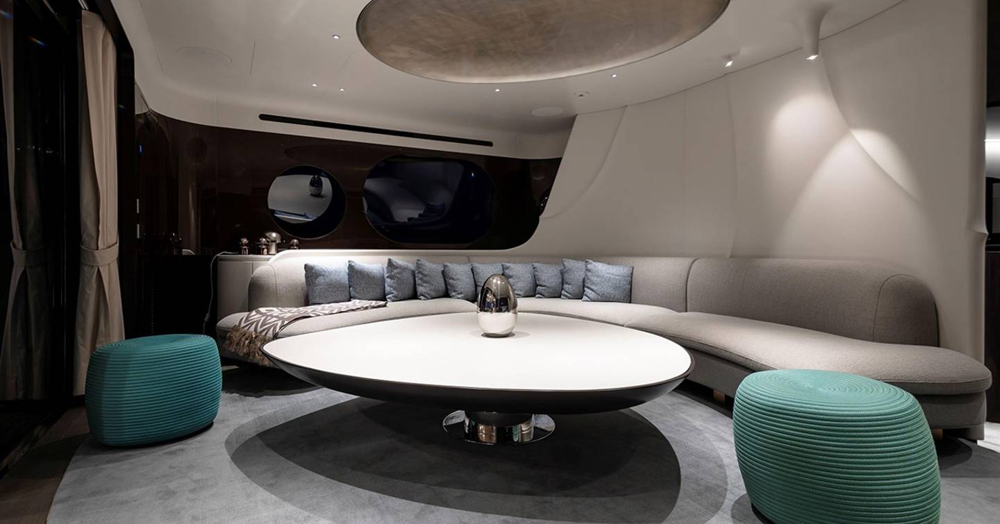 Superyacht Azimut Grande Trideck Tamanya skylounge with curved grey seating