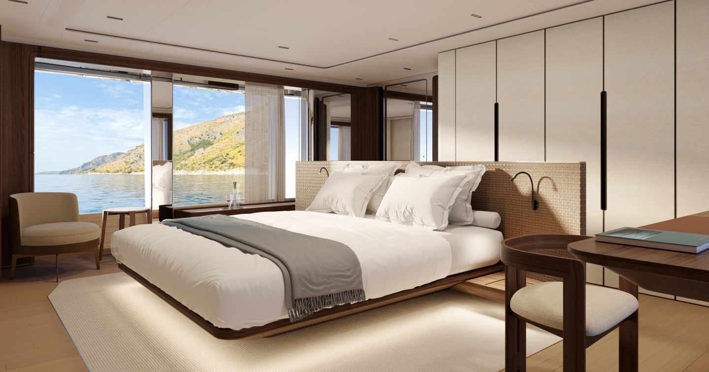 Rendering of the Custom Line Saetta 128' superyacht master cabin 