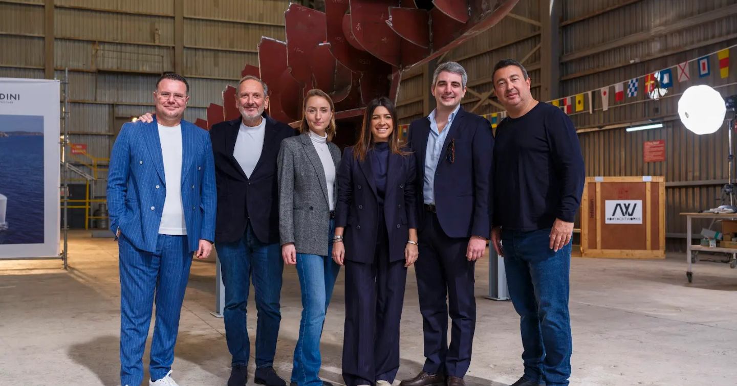 Onur Tekin, CEO of Ada Yacht Works; Luca Dini; project manager Sara Fabbrucci; Carlotta Malatesta, head of interior and yachting design; designer Giovanni Parronchi; and Tufan Gules, co-founder of Ada Yacht Works.