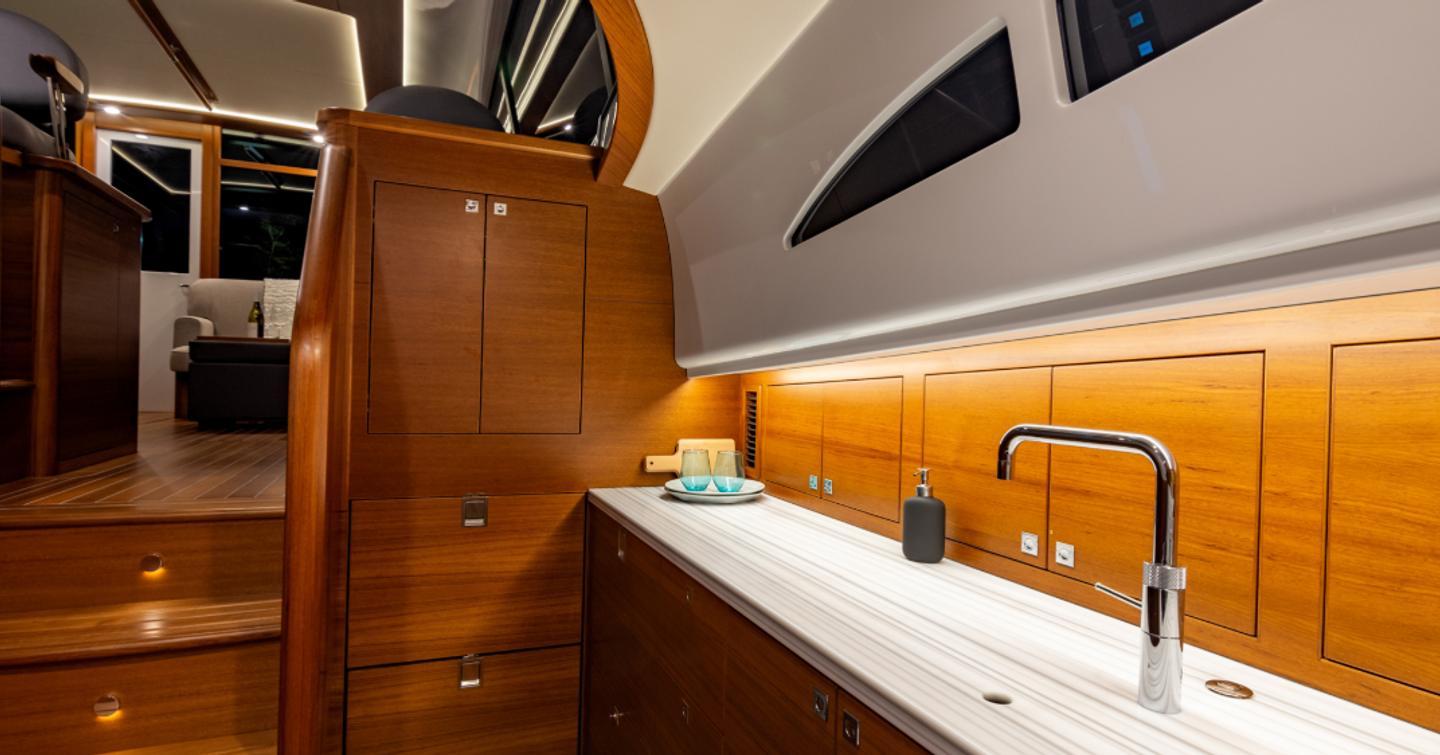 The Palm Beach GT60 galley is modern and functional