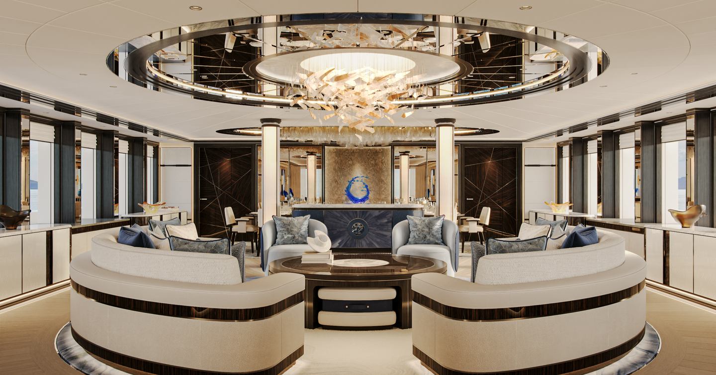 Rendering of Bilgin Superyacht Project Bond main saloon with curved dual white sofas and circular overhead lighting 