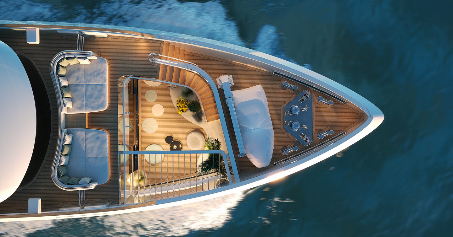 Aerial rendering of Sirena 42M Superyacht sunken foredeck and integrated sunpads 