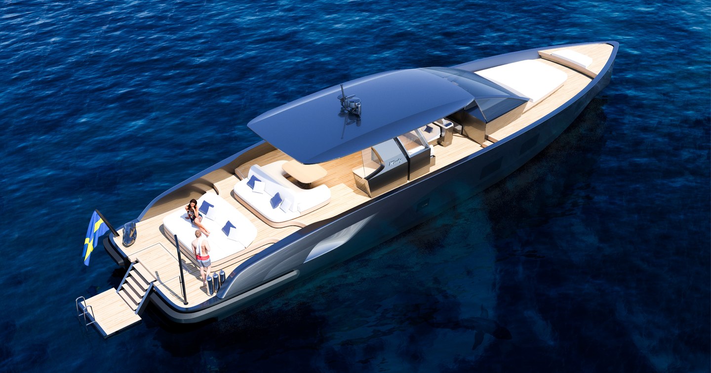 Rendering of Windy SR77 boat at anchor with fold down aft stairs 