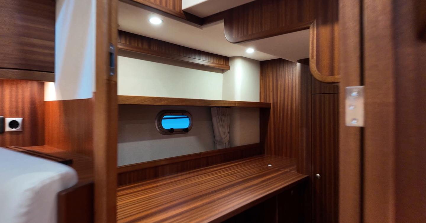 Elling E4 flexible mid cabin used as office utility space or third berth