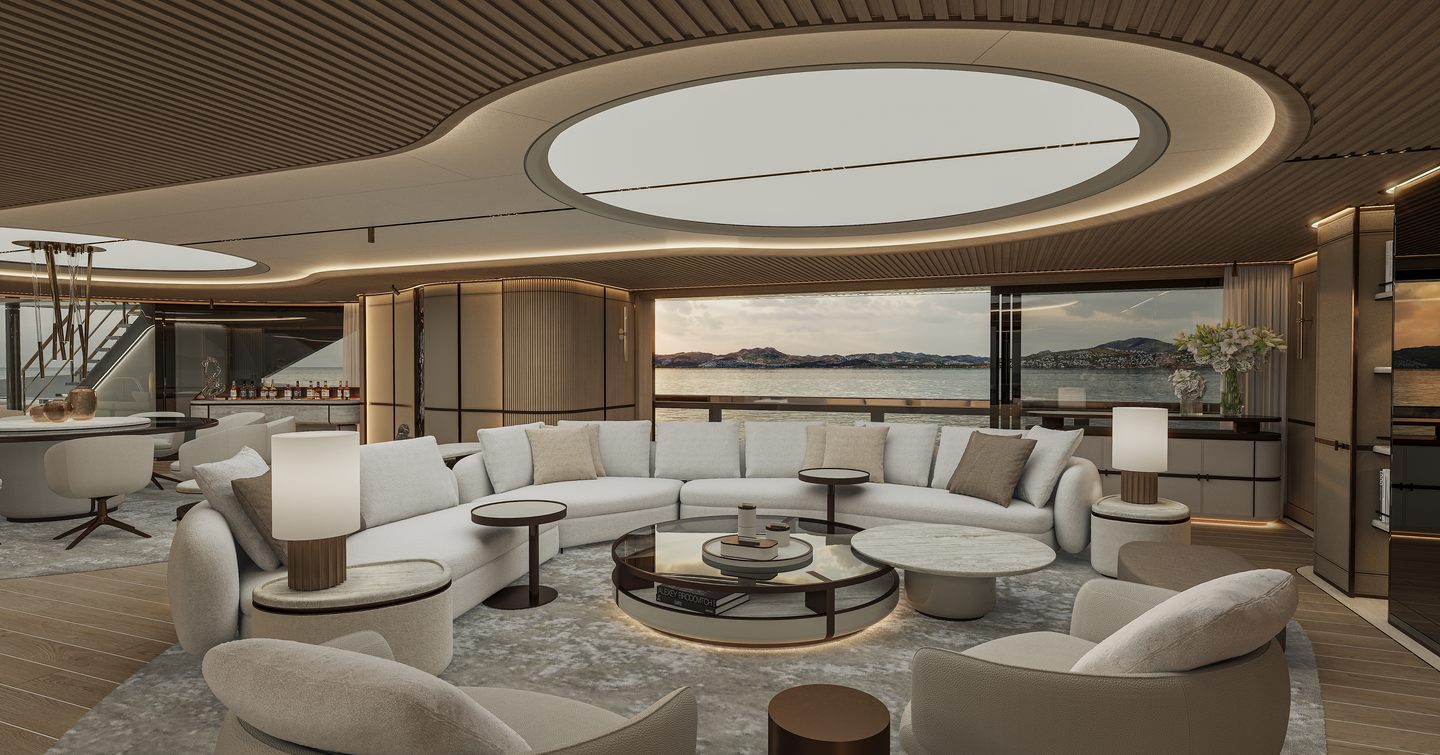 Rendering of ISA Yachts Granturismo 66 Superyacht main saloon with curved seating and circular main light