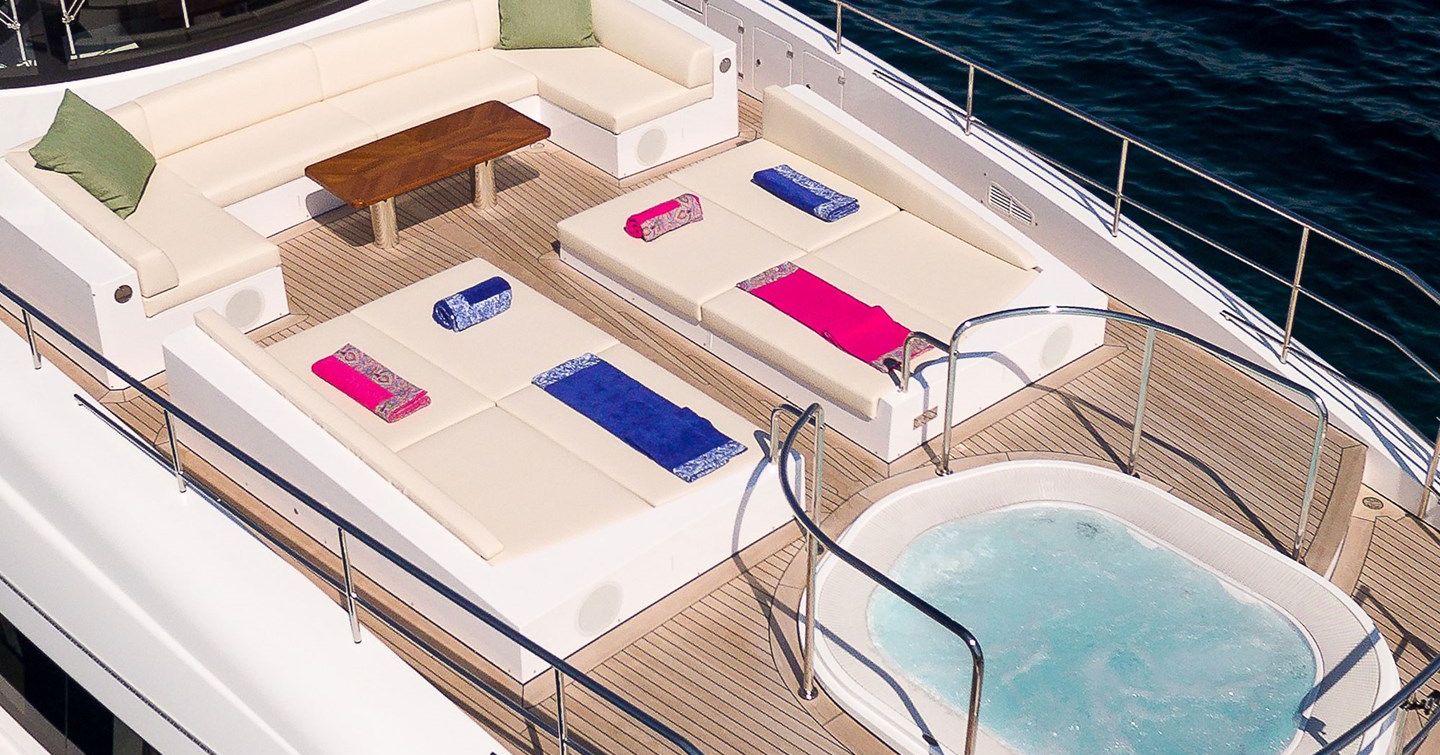 Superyacht Chrimi III's foredeck with sunpads and jacuzzi