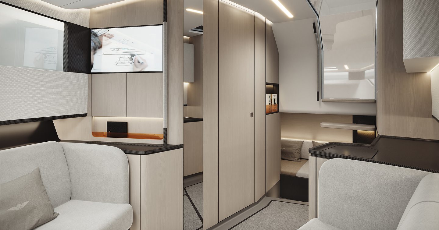 Rendering of Sialia 45 Sport boat interior with integrated seating 