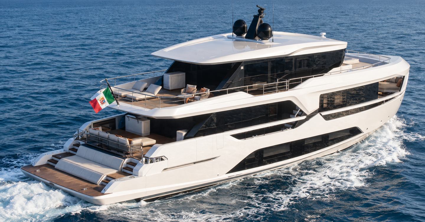 Rendering of Ferretti INFYNITO 100 Superyacht under way 
