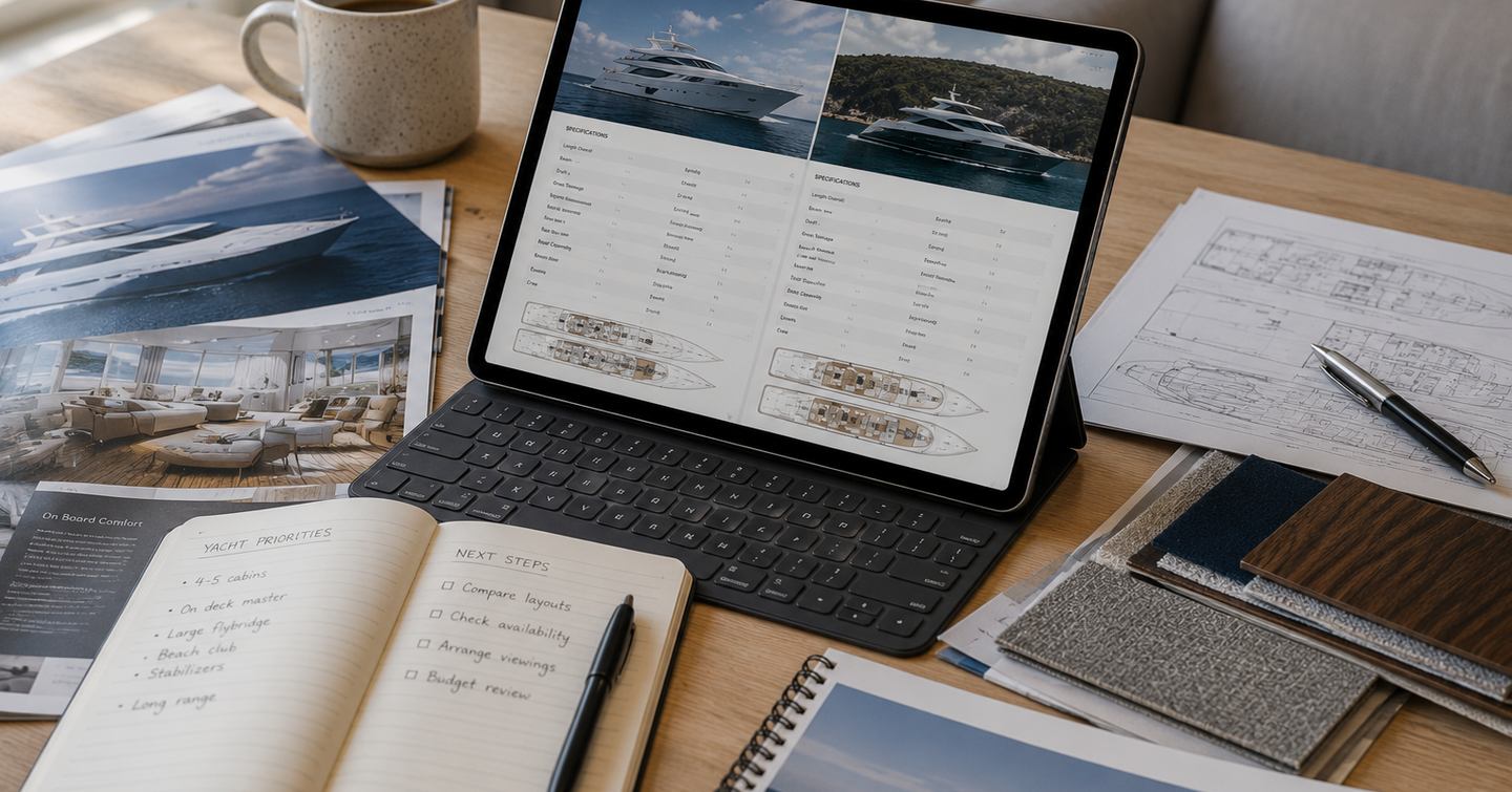 A table with tablet, images and note pad on yacht research 