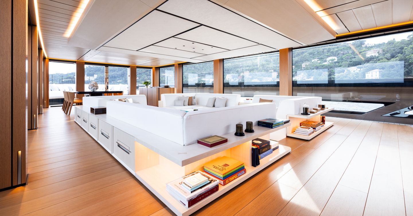 Alia Yacht's SAN features expansive windows in the main deck saloon