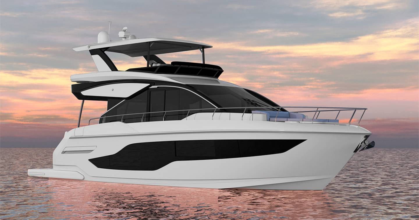 Rendering of Cruiser Yachts 50 FLY motor yacht at anchor 