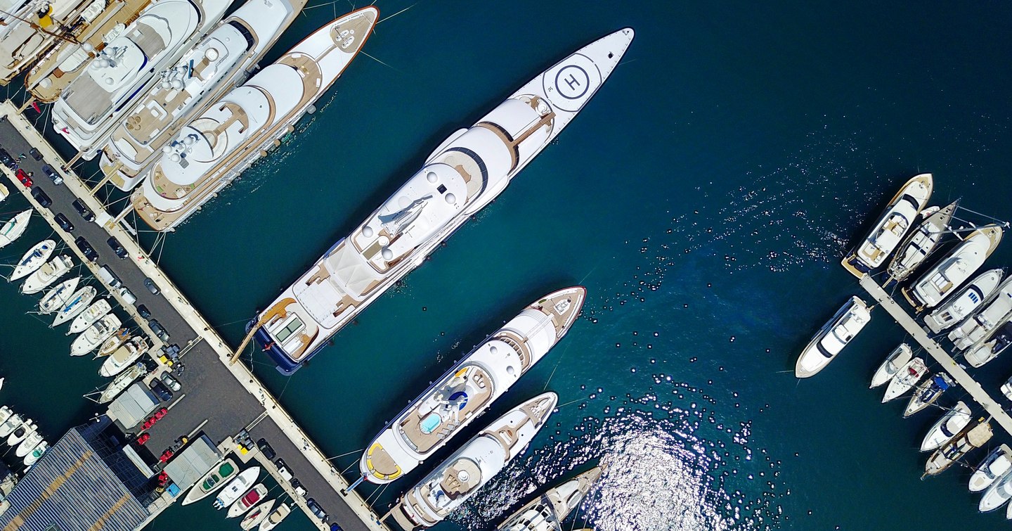 Aerial view of superyachts berthed at Port Hercule.