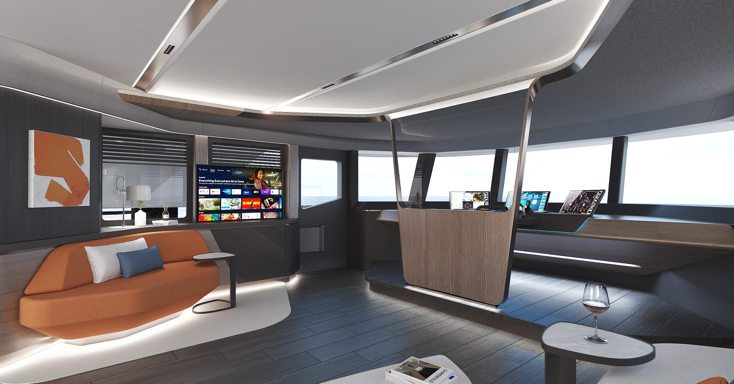 AvA Yachts Kando85 Explorer Yacht V upper deck and helm station with extensive glass and mounted TV
