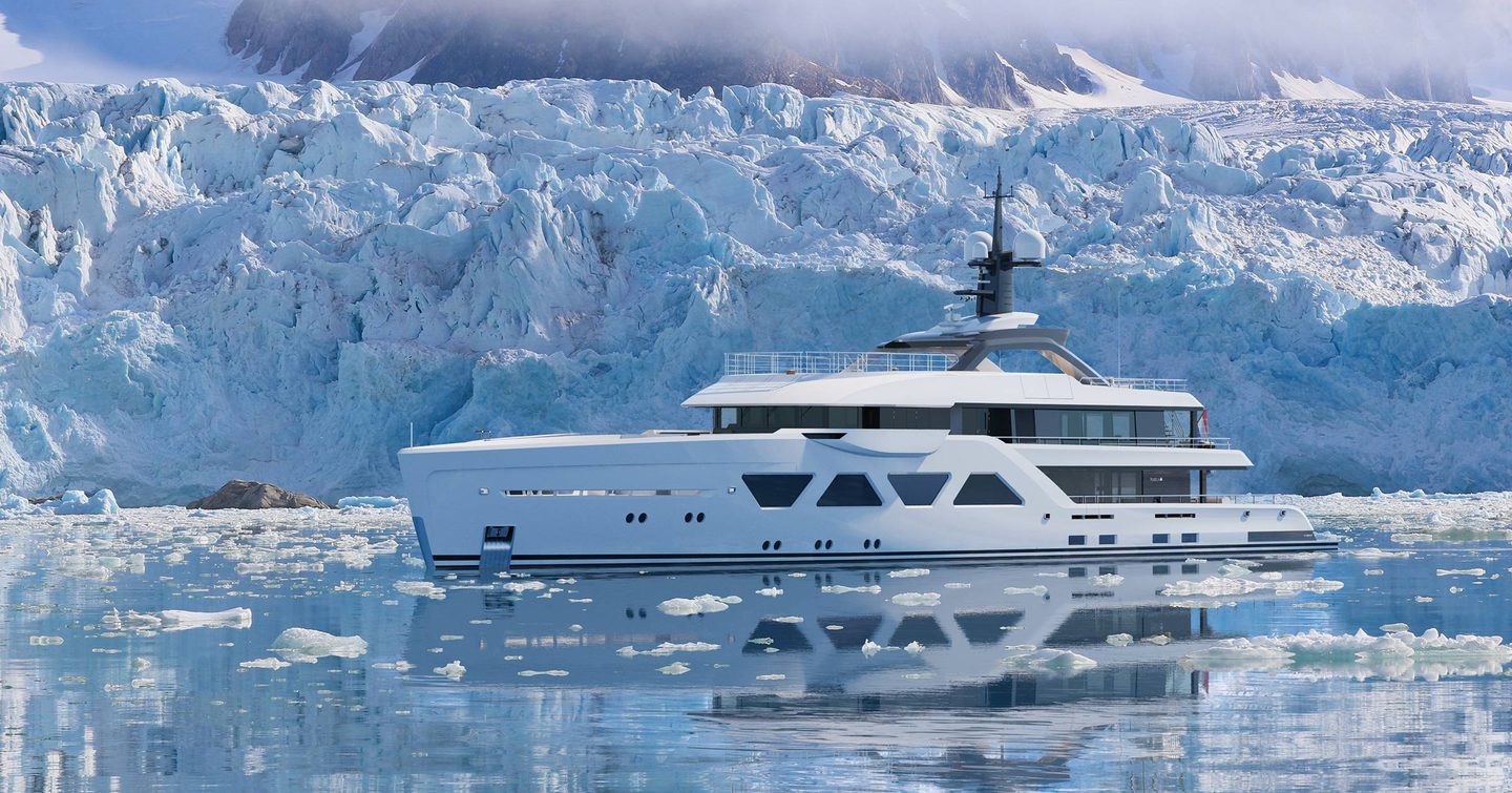 Rendering of Amels 60 motor yacht in front of snowy mountains 