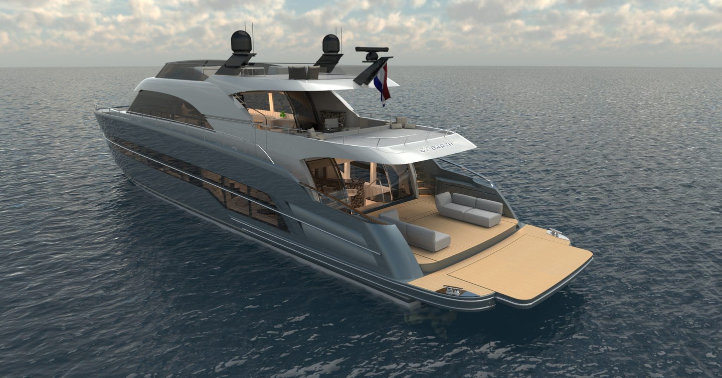 Rendering of St-Barth 85 Fly motor yacht at anchor 