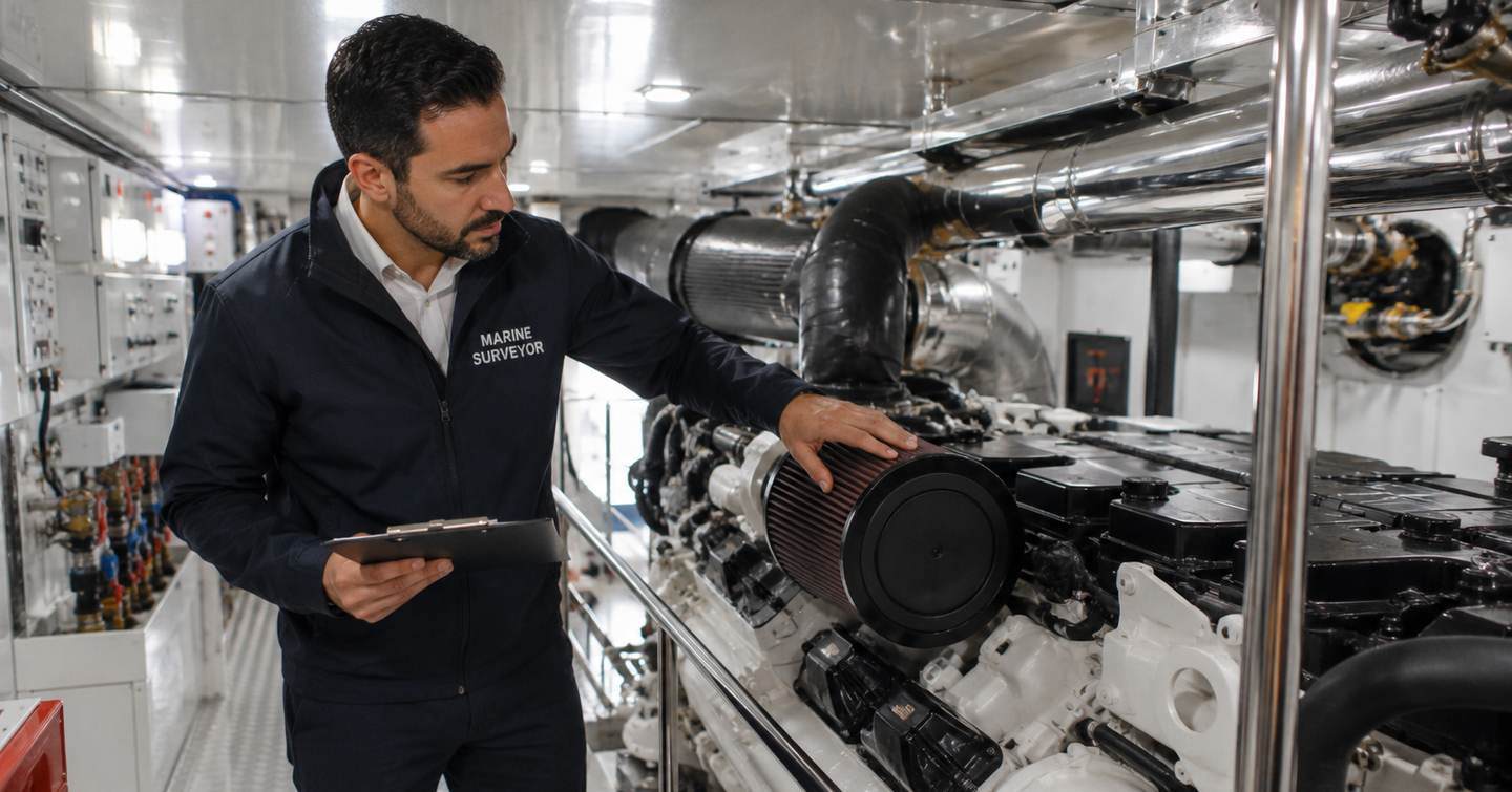 Marine surveyor checking yacht engine  