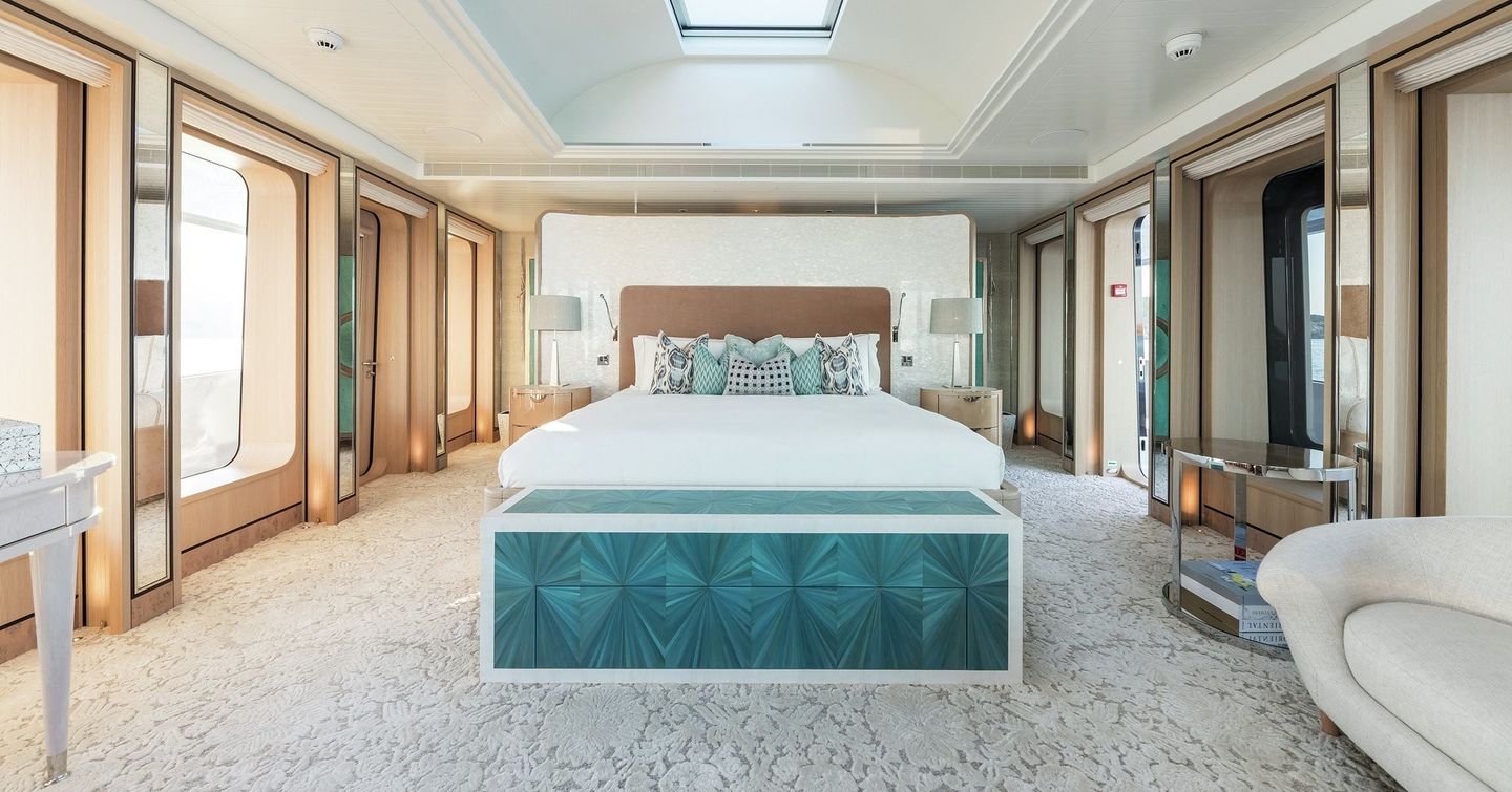 Feadship superyacht Joy master cabin with extensive glazing 