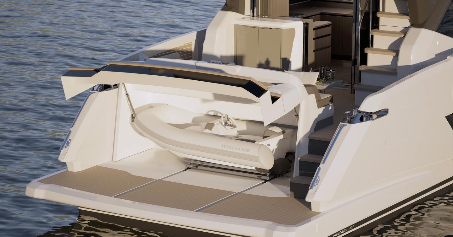 Rendering of Pearl 63 motor yacht stern with tender