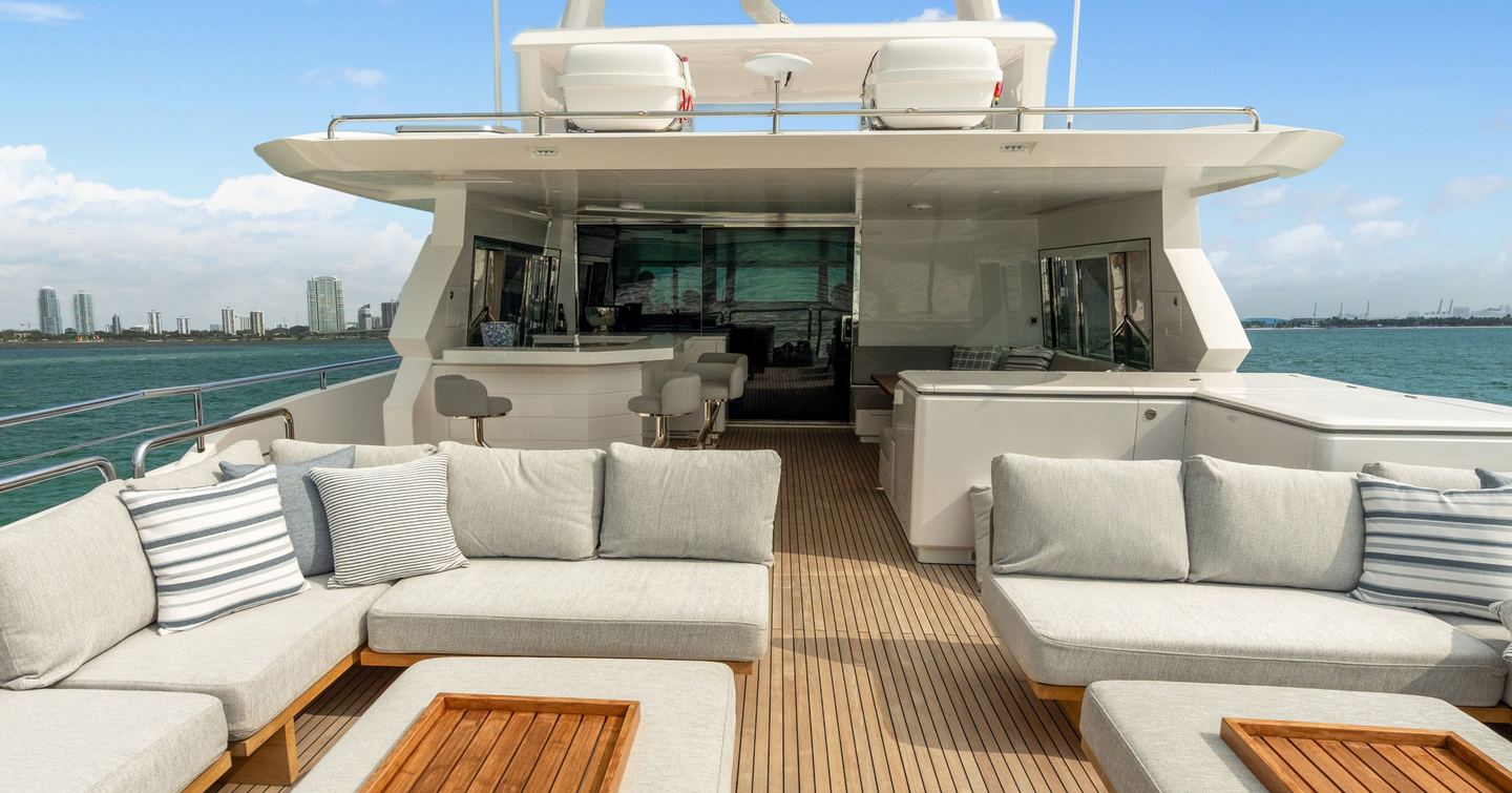 Superyacht No Regret II's bridge deck aft with bar area and L-shaped seating