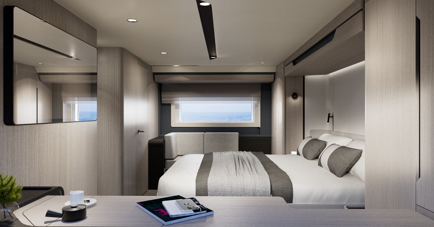 Rendering of main bedroom on the Sirena 60 