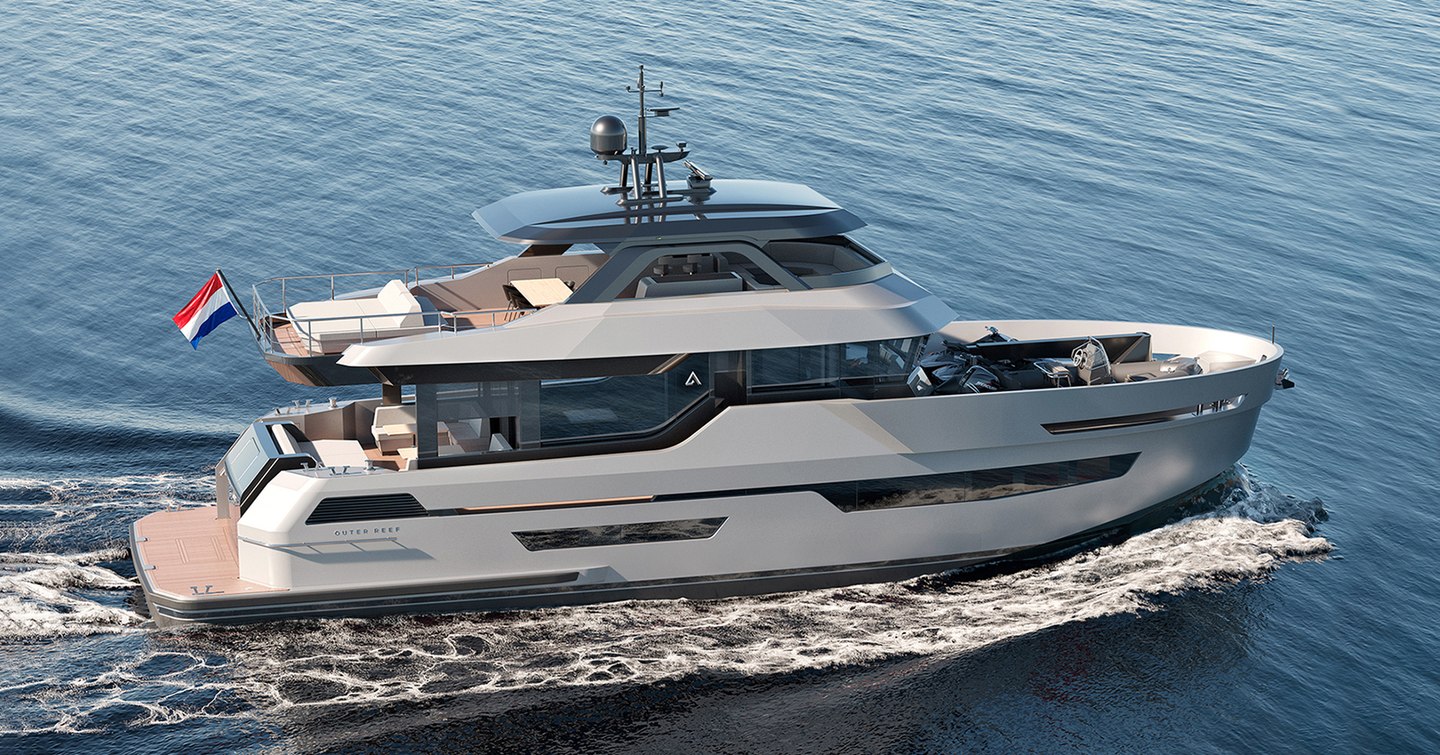 Rendering of Outer Reef 780 Adventure expedition yacht under way