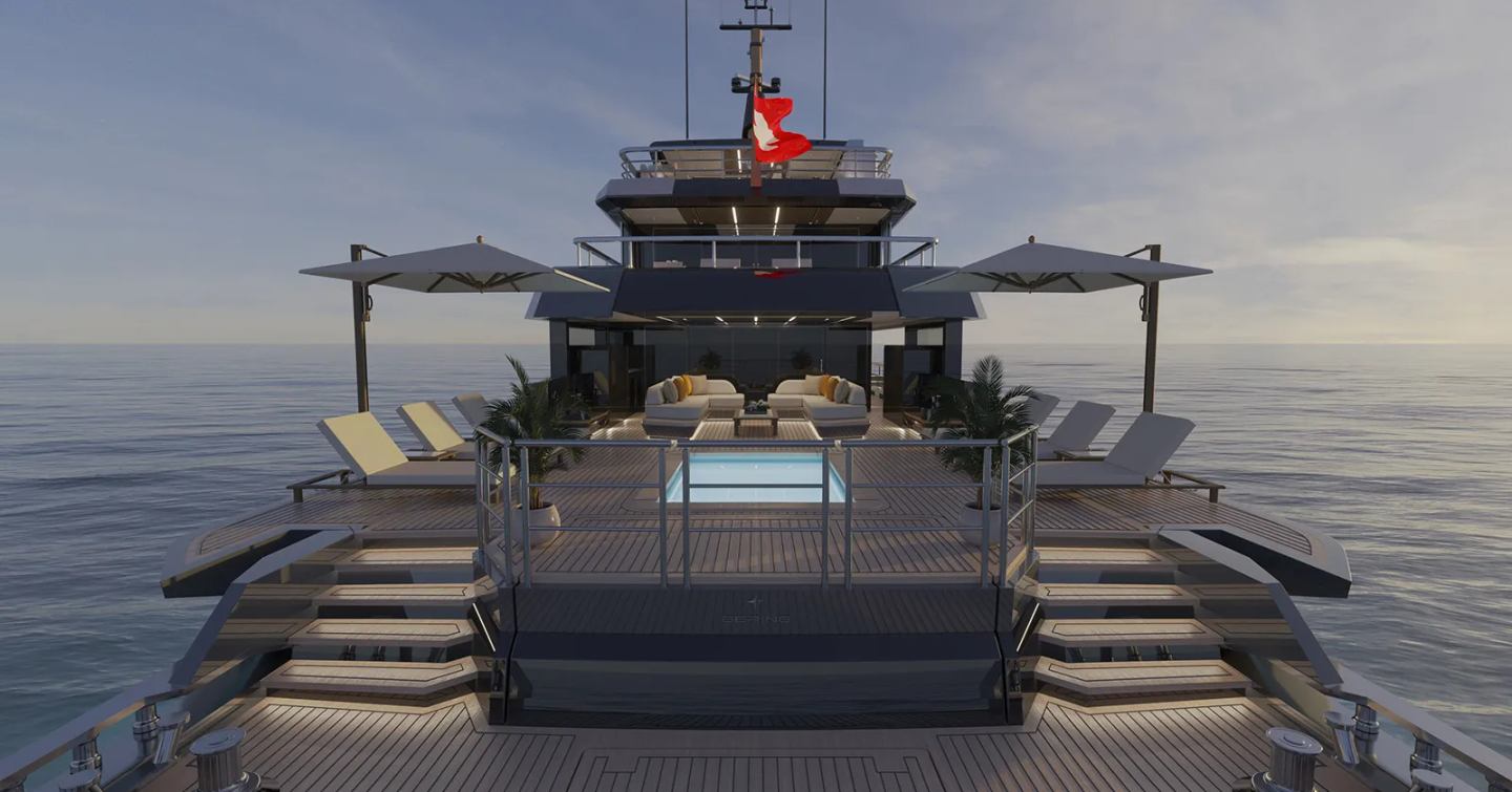 Rendering of Bearing 130 Superyacht beach club with infinity and canopies 