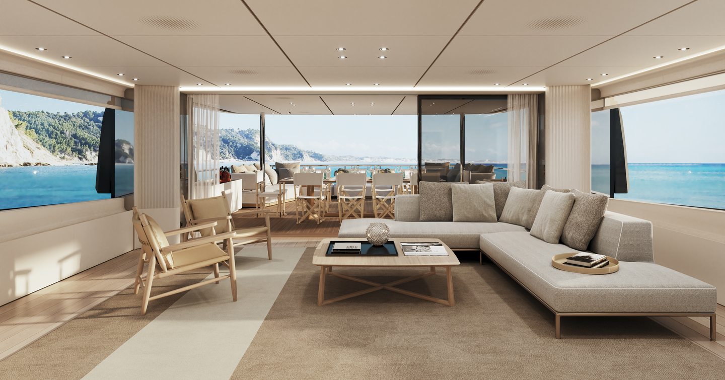 Custom Line Navetta 35 motor yacht saloon lounge area 