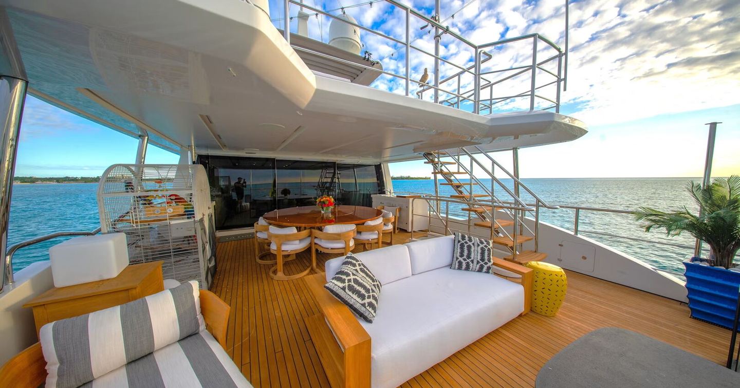 Motor Yacht Rehab's aft seating area with dining table