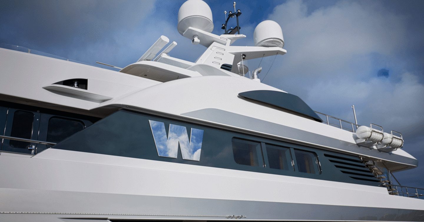 Feadship superyacht W close up of new logo following refit