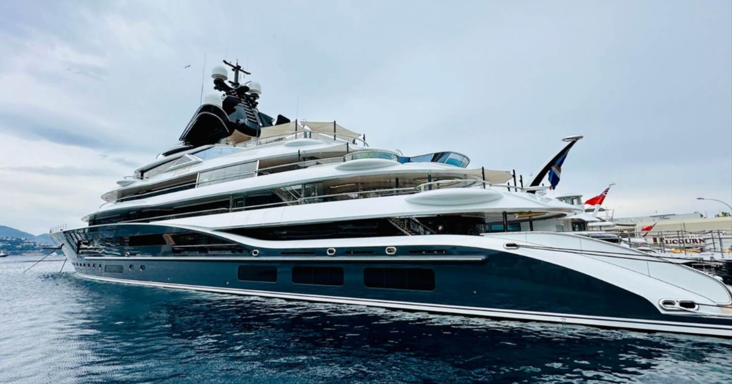 Aft shot of superyacht Kismet docked at Monaco Yacht Show 2024