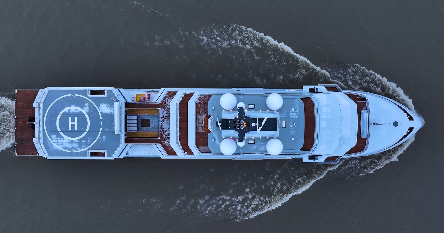 Aerial view of Lürssen expedition yacht O3 under way 