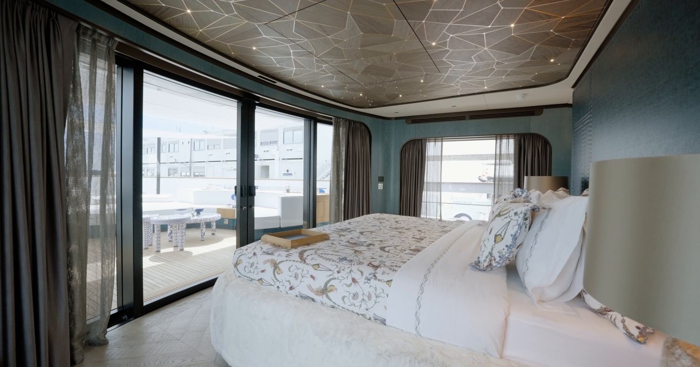 Sirena 118 owner’s cabin with forward terrace and constellation ceiling