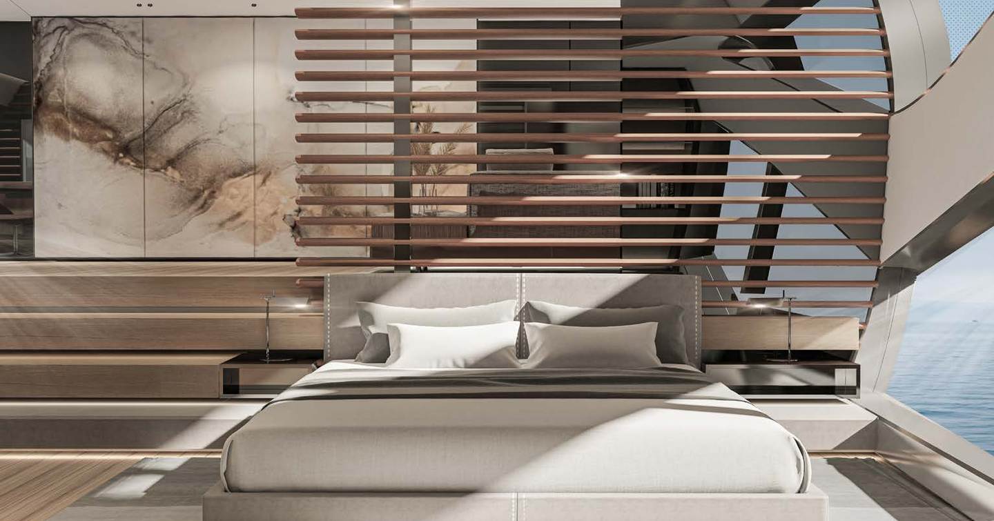 Rendering of Mangusta 165 REV motor yacht master cabin