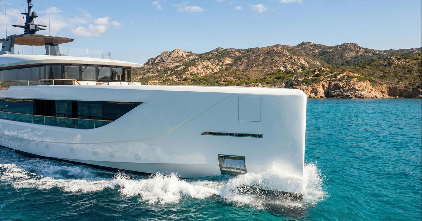 Rendering of ISA Yachts Timeless 52M superyacht bow while under way 