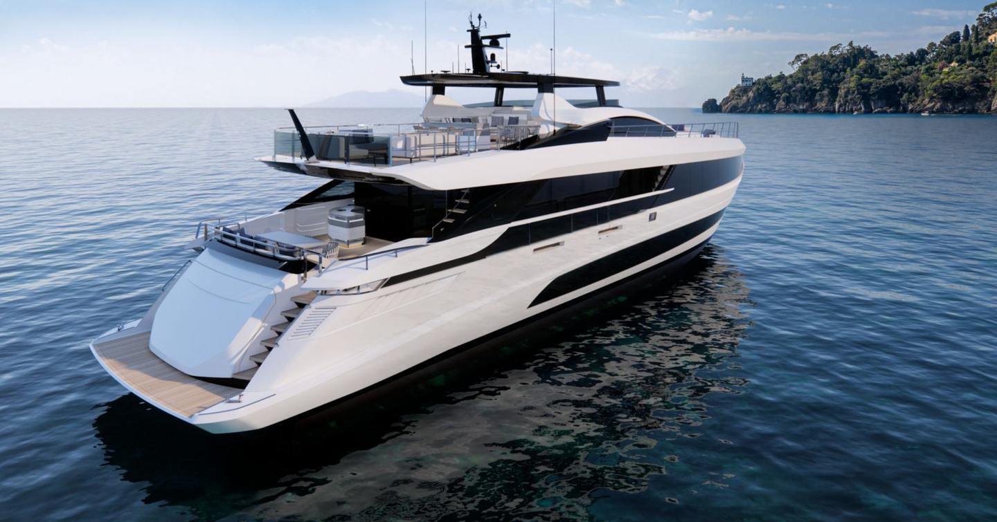 rendering of Mangusta GranSport 34 motor yacht at anchor 