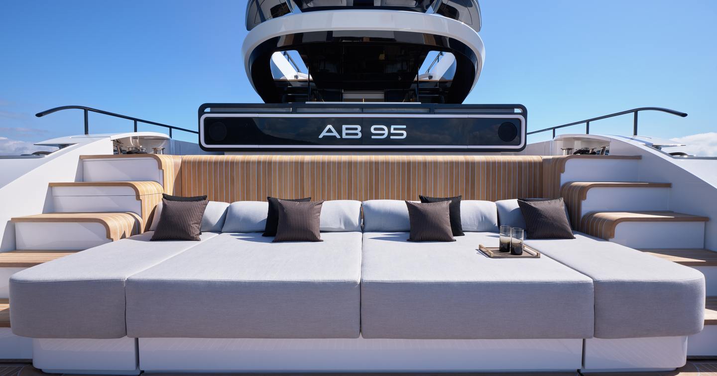 AB Yachts AB 95 motor yacht beach club with sun loungers and dual stairs