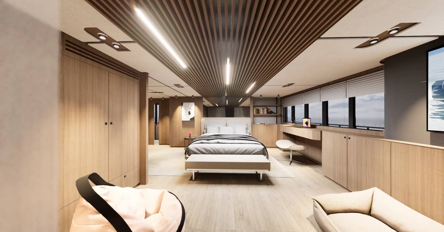 Second Archipelago 80 motor yacht master cabin with expansive windows 