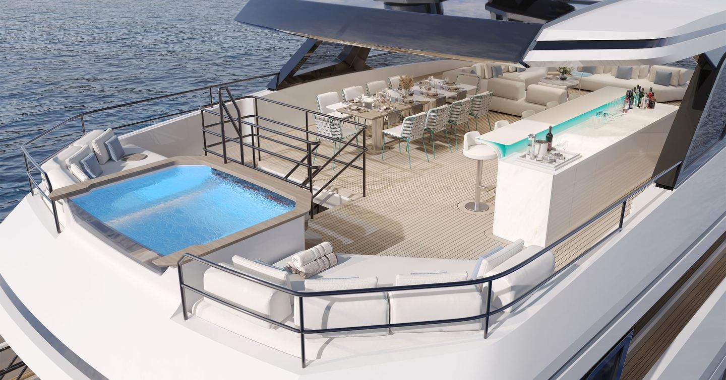 Rendering of Bering 110 explorer yacht upper aft deck with jacuzzi, alfresco dining and bar area 