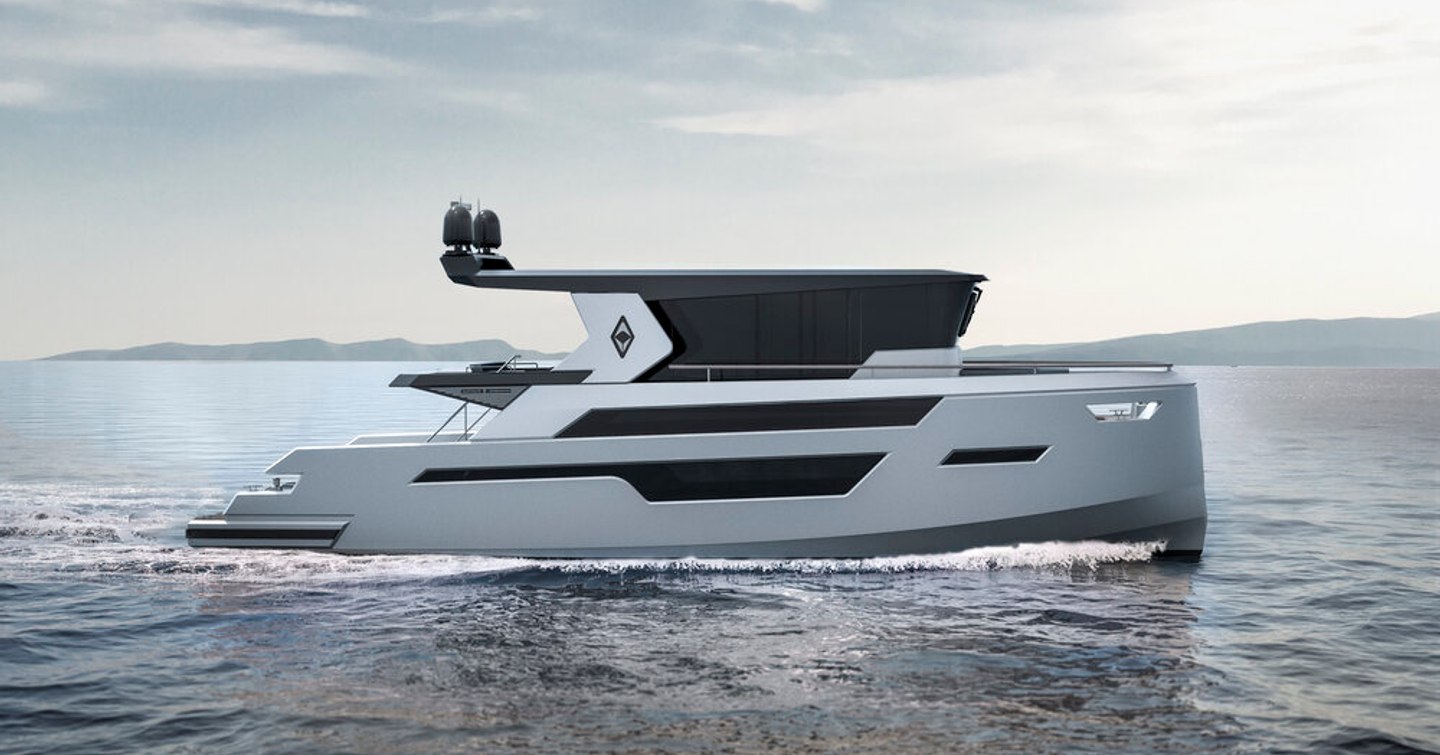 Side view rendering of Alva Yachts Eco Cruise 50 underway, surrounded by sea with land in far distance