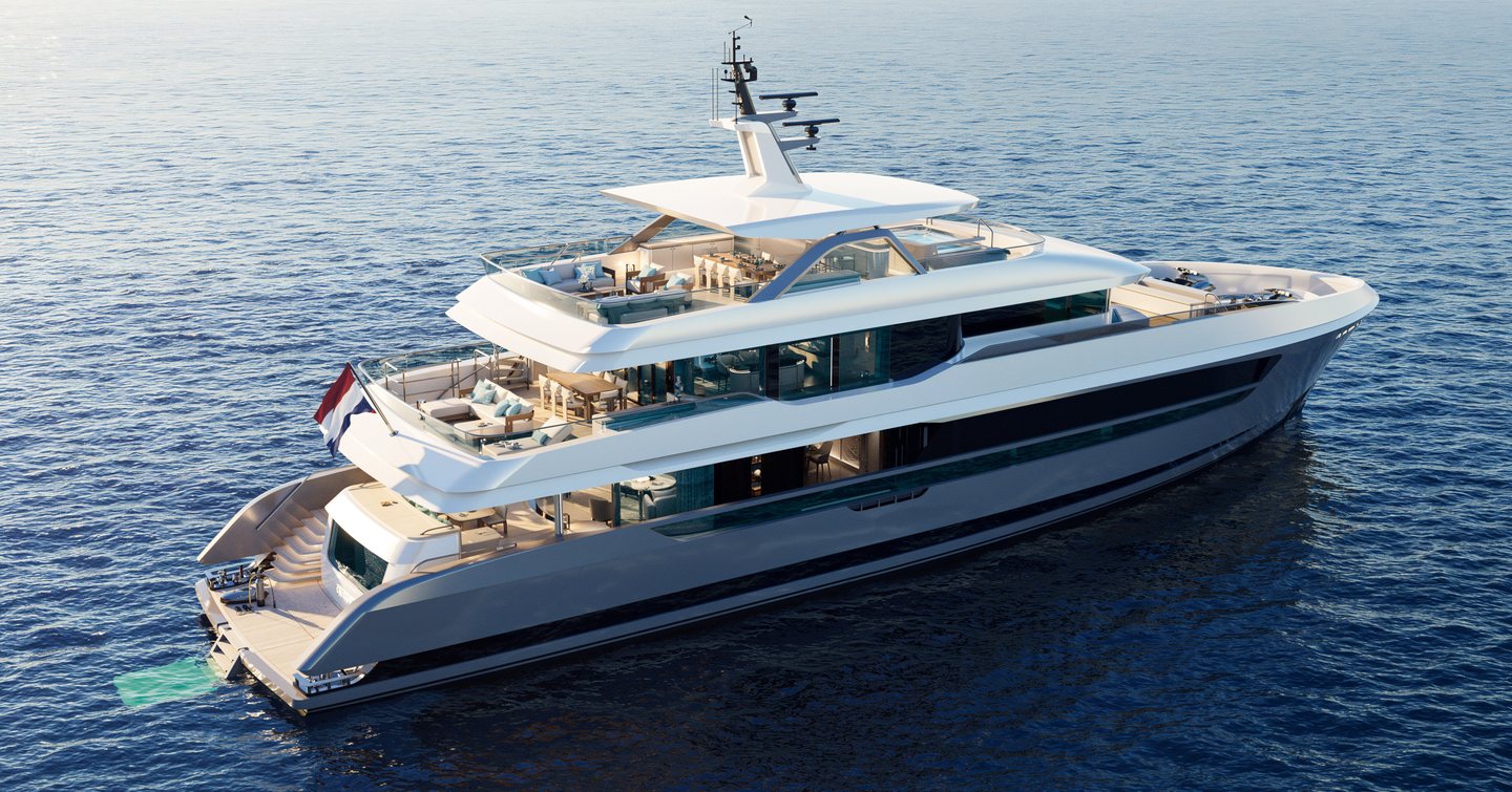 Rendering of Moonen 133 Mallorca motor yacht at anchor 