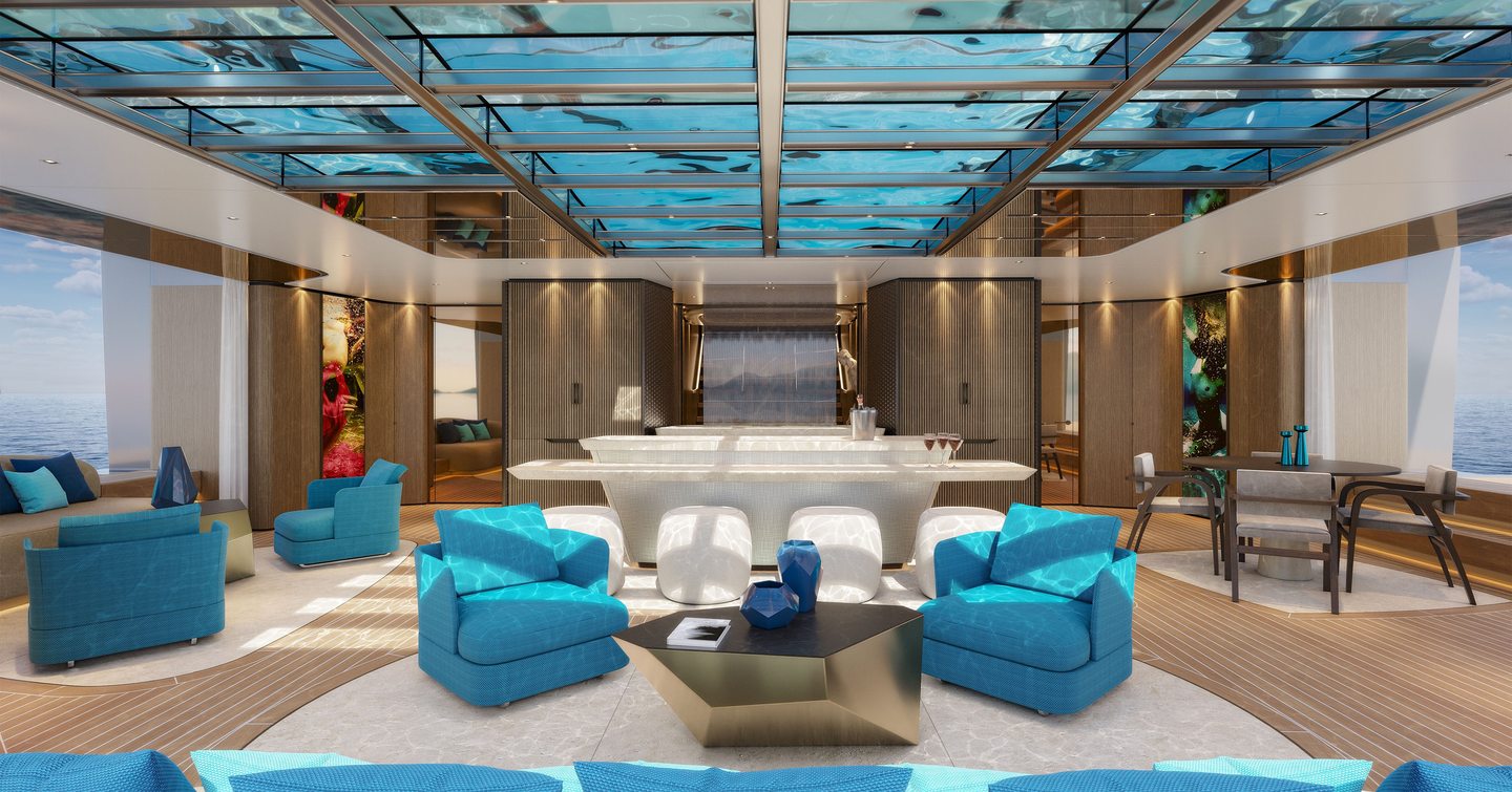 Rendering of Sanlorenzo 74Steel Superyacht lower deck saloon with glass ceiling and blue furniture 