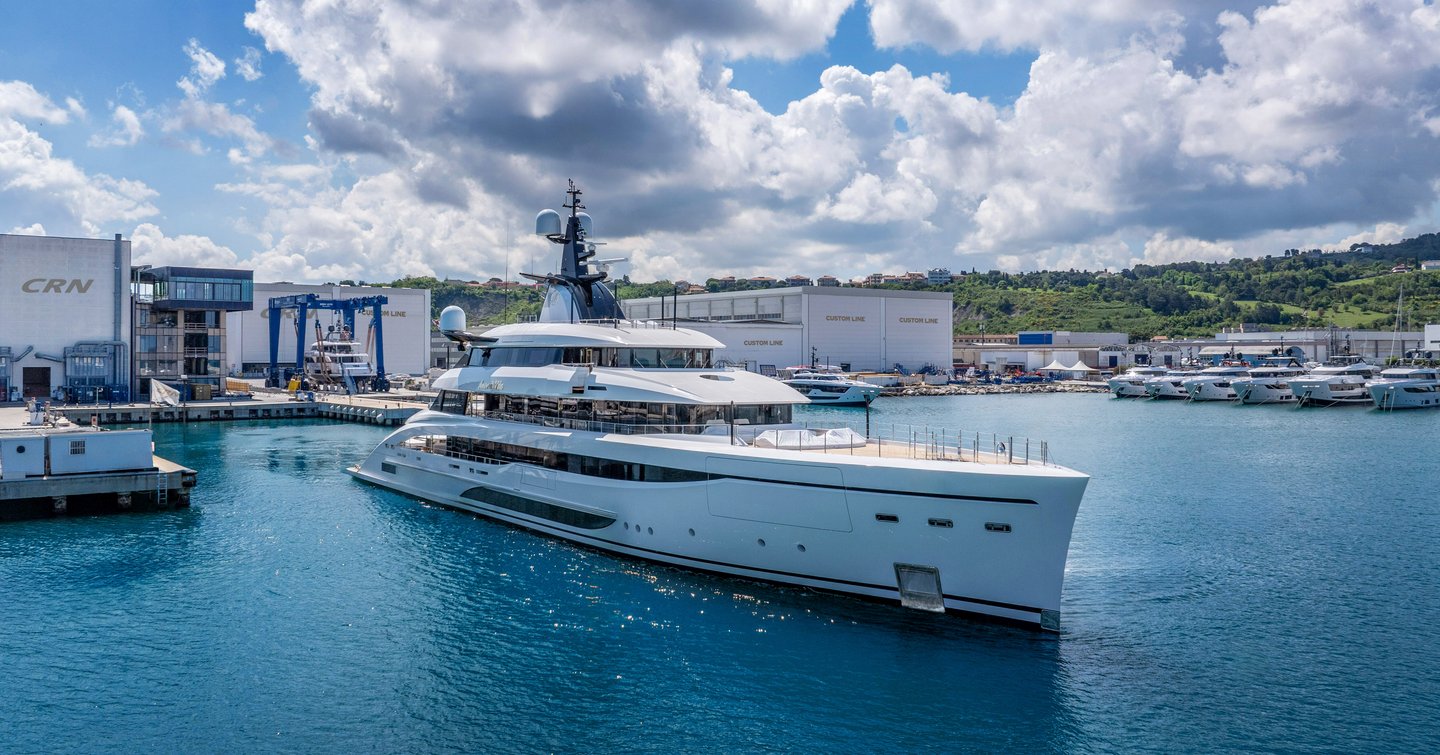 CRN custom superyacht leaving shipyard in Italy