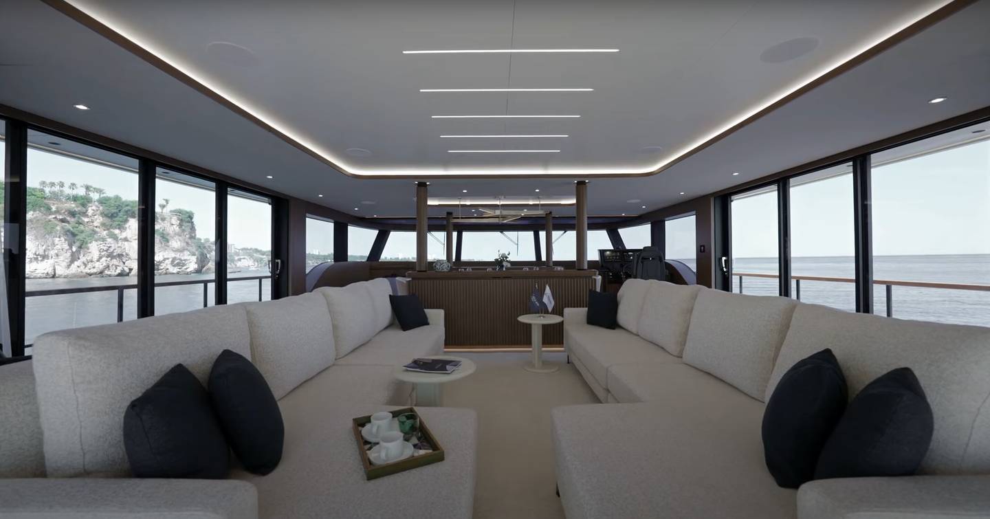 Lazzara LPC 300 Power Catamaran main saloon with L-shaped sofas 