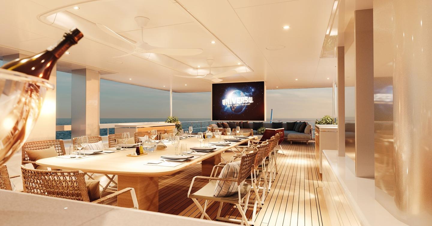 Motor yacht Project Fun's dining area with open-air movie theatre