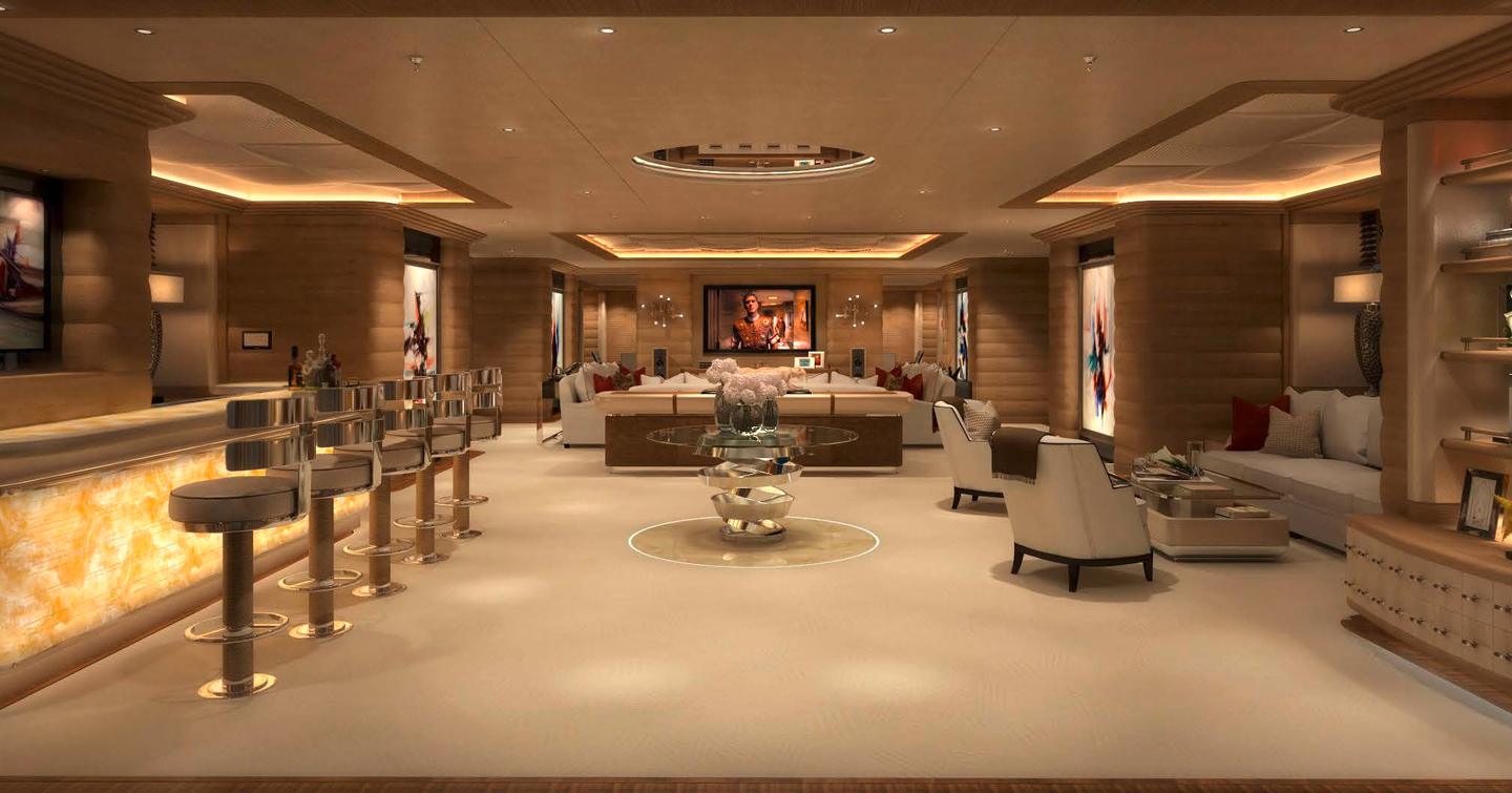 Superyacht Mar main saloon with bar area and white furniture 