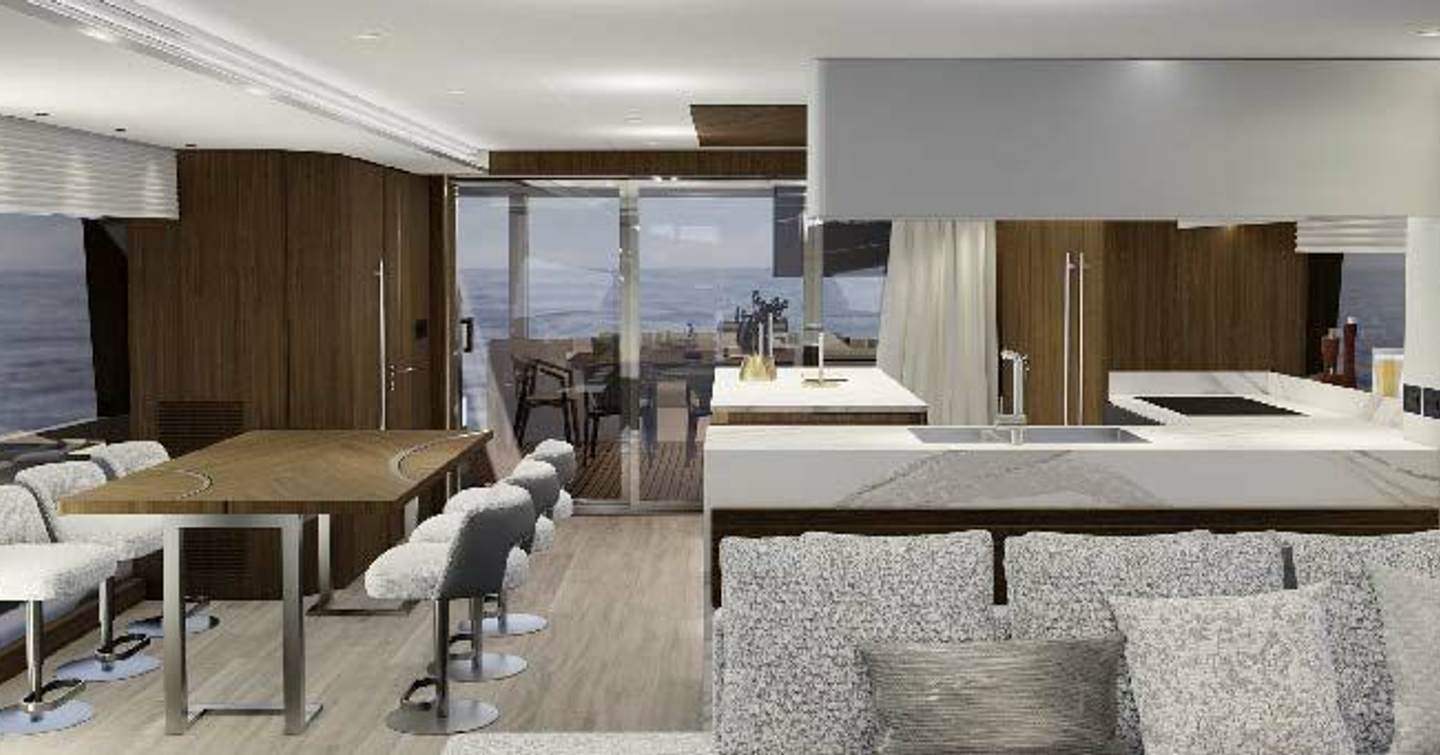 Horizon FD85s motor yacht main salon rendering