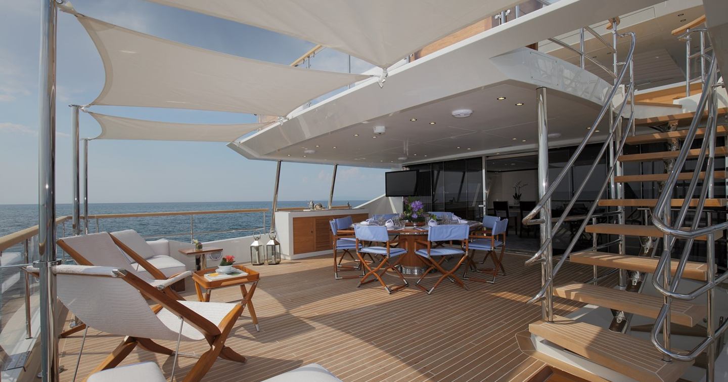 Superyacht Inspiration aft deck with shaded dining table 