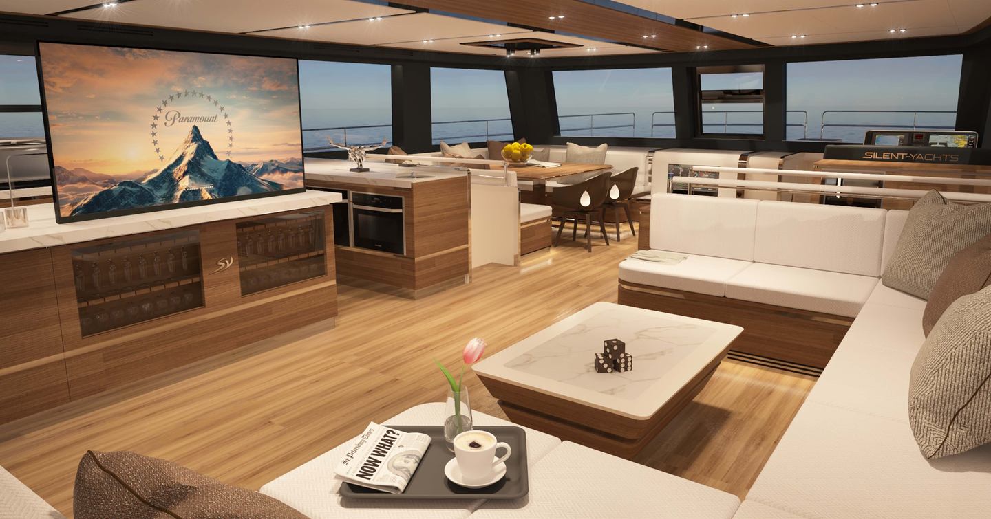 Rendering of SY80 flybridge catamaran main saloon with U-shaped sofa