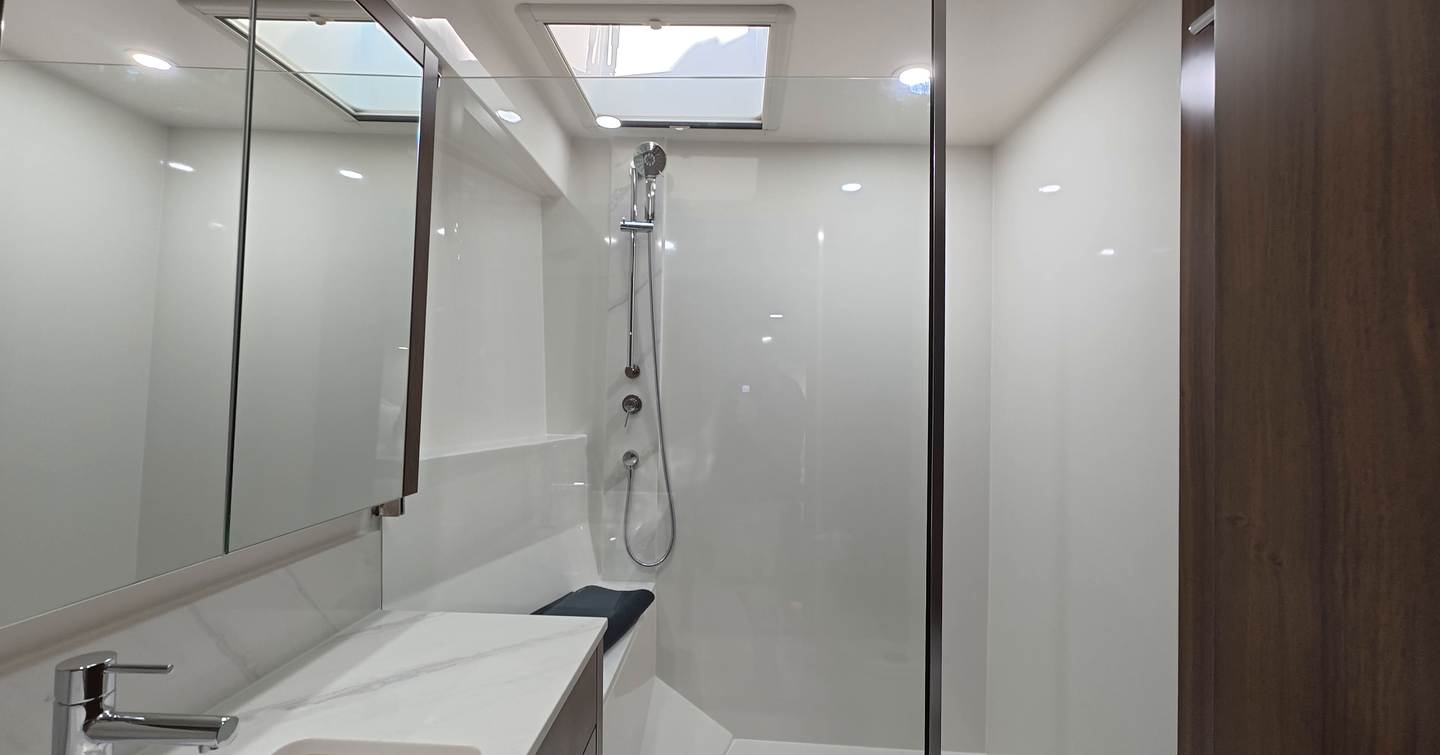 Maritimo M50 ensuite bathroom with walk-in shower, skylight and vanity unit