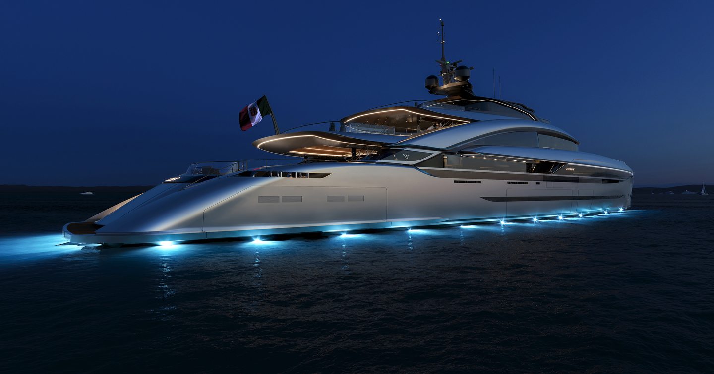 Rendering of ISA Project Future superyacht at night with underwater lights